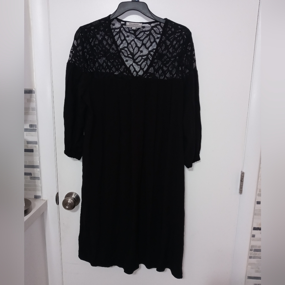 World Market Solid Black Long Sleeve Casual Midi Dress With Floral Lace Top half